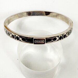 Coach Silver Tone Black Enamel Signature Bangle Bracelet